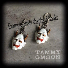 Load image into Gallery viewer, 0 gauge tunnel dangles, 10mm plug earrings, Hannya Mask ear hangers, Ear weights, Hanging gauges, Gauged earrings, For stretched lobes 2g 4g