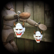 Load image into Gallery viewer, 0 gauge tunnel dangles, 10mm plug earrings, Hannya Mask ear hangers, Ear weights, Hanging gauges, Gauged earrings, For stretched lobes 2g 4g