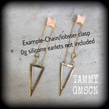 Load image into Gallery viewer, Triangle earrings Sacred geometry Alchemy earrings Inverted triangle Elemental jewelry Sigil earrings Dangle earring 3mm 4mm Gauged earrings