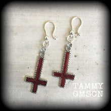 Load image into Gallery viewer, Inverted Cross ear weights, Ear hanger, 2 gauge, Plug dangles, Church of Satan, Tunnel dangles, Gauged earrings, Hanging gauges 00g 0g 2g 4g