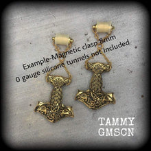 Load image into Gallery viewer, 2 gauge ear weights Thors Hammer Ear hangers 0 gauge weights Rune earrings Plug dangles Gauged earrings Norse Tunnel dangles Gauges Runes 2g