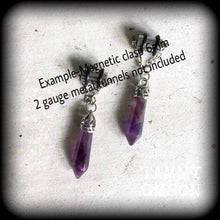 Load image into Gallery viewer, 2 gauge 6mm Amethyst ear weights Light weight ear hangers Gemstone tapers 7mm tunnel dangles 8mm plug dangles Gauged dangles Gauged earrings