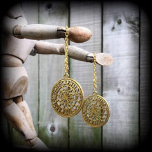 Load image into Gallery viewer, Sunwheel ear hangers Rune Tunnel dangles Viking Plug dangles Black sun Occult Viking Norse Esoteric Gauged earrings Tunnel earrings Asatru