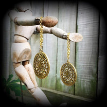 Load image into Gallery viewer, Sunwheel ear hangers Rune Tunnel dangles Viking Plug dangles Black sun Occult Viking Norse Esoteric Gauged earrings Tunnel earrings Asatru