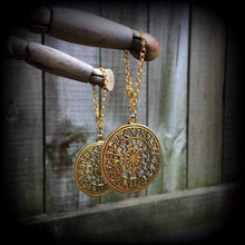 Load image into Gallery viewer, Sunwheel ear hangers Rune Tunnel dangles Viking Plug dangles Black sun Occult Viking Norse Esoteric Gauged earrings Tunnel earrings Asatru