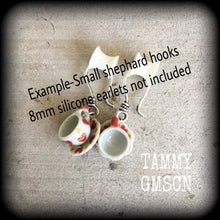 Load image into Gallery viewer, Tea cup earrings Tea Party Heart earrings Tea cup jewelry Alice in Wonderland 5mm Tunnel earrings 4mm Tunnel dangles 3mm Plug earrings Plugs