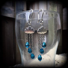 Load image into Gallery viewer, Cloud ear hangers, Kitsch tunnel dangles, Retro plug dangles, Rainy Day, Umbrella earrings, Ear weights, Hanging gauges, Dangle plug earring