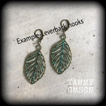 Load image into Gallery viewer, Leaf earrings Goddess jewelry Nature jewelry Plug earrings Patina earrings Wicca jewelry Gauged earrings 3mm tunnel dangles 8mm plug dangles