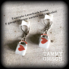 Load image into Gallery viewer, Tea cup earrings Heart earrings Coffee mug earrings Alice in Wonderland Queen of Hearts 6mm tunnel dangles 8mm plug earrings 4mm ear hangers