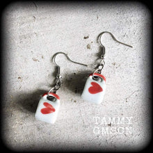 Load image into Gallery viewer, Tea cup earrings Heart earrings Coffee mug earrings Alice in Wonderland Queen of Hearts 6mm tunnel dangles 8mm plug earrings 4mm ear hangers