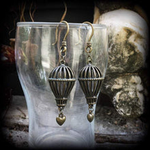 Load image into Gallery viewer, Hot air balloon earrings Steampunk earrings Heart earrings Plug earrings Circus earrings Carnivale jewelry 3mm tunnel earrings Ear weights