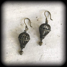 Load image into Gallery viewer, Hot air balloon earrings Steampunk earrings Heart earrings Plug earrings Circus earrings Carnivale jewelry 3mm tunnel earrings Ear weights