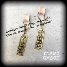 Load image into Gallery viewer, Cartouche earrings Nefertit earrings Egyptian earrings Evil eye earrings Eye of Ra Nefertiti jewelry Esoteric earrings Plug dangles Tunnels