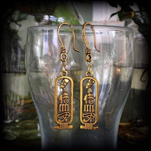 Load image into Gallery viewer, Nefertiti 8 gauge ear hangers Cartouche jewelry Egyptian 3mm Plug dangles Eye of Ra Eye of Horus Hanging gauges Gauged earrings 4mm 6mm 8mm