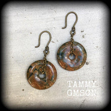 Load image into Gallery viewer, Jasper earrings Gemstone earrings Rhyolite Jasper jewelry 6mm plug earrings 3mm tunnel earrings Stone jewelry Dangle earrings Donut earrings