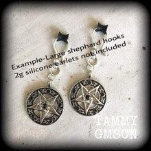 Load image into Gallery viewer, 2 gauge, 0 gauge, 00g, 12mm, 14mm Pentagram ear hangers, Ear weights, Tunnel dangles, Plug dangles, Esoteric Occult jewelry, Gauged earrings