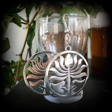 Load image into Gallery viewer, Lotus earrings Boho earrings Planet earrings Zen jewelry Yoga earrings Yoga jewelry Dangle earrings Statement earrings Large earrings Gauges