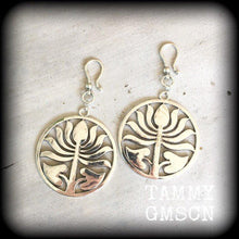 Load image into Gallery viewer, Lotus earrings Boho earrings Planet earrings Zen jewelry Yoga earrings Yoga jewelry Dangle earrings Statement earrings Large earrings Gauges