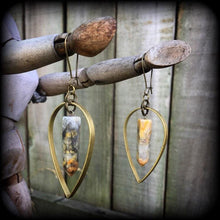 Load image into Gallery viewer, Artemis earrings Goddess earrings Agate earrings 3mm plug earrings Pagan jewelry Stone earrings Lace Agate Teardrop earrings Dangle gauge