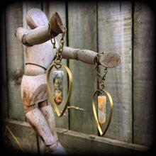 Load image into Gallery viewer, Brass ear hangers, Goddess weights, Plug dangles, Artemis jewelry, Tunnel dangles, Gauged earrings, Hanging gauges, Agate ear weights, 0g 2g