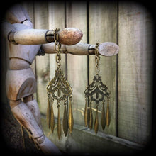 Load image into Gallery viewer, Artemis ear hangers, Goddess jewelry, Tunnel dangles, Plug dangles, Bronze ear weights, Bronze jewelry, Hanging gauges, Gauged earrings 00g