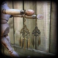 Load image into Gallery viewer, Artemis ear hangers, Goddess jewelry, Tunnel dangles, Plug dangles, Bronze ear weights, Bronze jewelry, Hanging gauges, Gauged earrings 00g