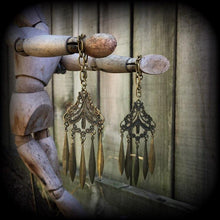 Load image into Gallery viewer, Artemis ear hangers, Goddess jewelry, Tunnel dangles, Plug dangles, Bronze ear weights, Bronze jewelry, Hanging gauges, Gauged earrings 00g