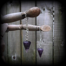 Load image into Gallery viewer, Amethyst ear hangers, Crystal weights, Stone Tunnel dangles, Gemstone weights, Boho jewelry, Plug dangles, Gauged earrings, Hanging gauges
