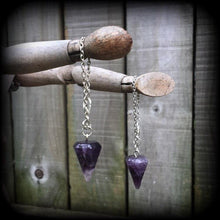Load image into Gallery viewer, Amethyst ear hangers, Crystal weights, Stone Tunnel dangles, Gemstone weights, Boho jewelry, Plug dangles, Gauged earrings, Hanging gauges