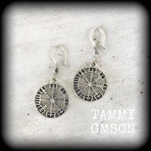 Load image into Gallery viewer, Norse earrings 3mm 8 gauge Nordic wheel earrings Vegvisir Viking Compass ear hangers Asatru Rune Tunnel earrings Thor earrings Plug earrings