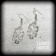 Load image into Gallery viewer, Jigsaw earrings Puzzle piece earrings Autism earrings Autism jewelry Kitsch earrings Gamer earrings Nerd earrings 8g 6g 4g Tunnel earrings