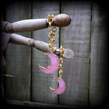 Load image into Gallery viewer, Moon tunnel dangles 10mm weights 00 gauge Druzy ear hangers Moon tunnel earrings Crescent moon Moon jewelry Gauged earrings Gauges 7/16 1/2