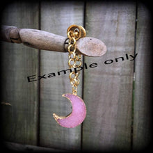 Load image into Gallery viewer, Moon tunnel dangles 10mm weights 00 gauge Druzy ear hangers Moon tunnel earrings Crescent moon Moon jewelry Gauged earrings Gauges 7/16 1/2