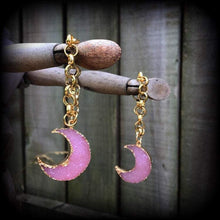 Load image into Gallery viewer, Moon tunnel dangles 10mm weights 00 gauge Druzy ear hangers Moon tunnel earrings Crescent moon Moon jewelry Gauged earrings Gauges 7/16 1/2