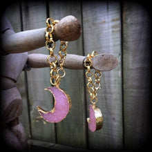Load image into Gallery viewer, Moon tunnel dangles 10mm weights 00 gauge Druzy ear hangers Moon tunnel earrings Crescent moon Moon jewelry Gauged earrings Gauges 7/16 1/2