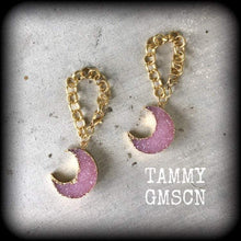 Load image into Gallery viewer, Moon tunnel dangles 10mm weights 00 gauge Druzy ear hangers Moon tunnel earrings Crescent moon Moon jewelry Gauged earrings Gauges 7/16 1/2