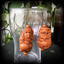 Load image into Gallery viewer, Foo Dog earrings, Wood earrings, Chinese Lion ear weights, Carved Wood earrings, Organic earrings, Chinese New Year Zodiac, Tunnel earrings