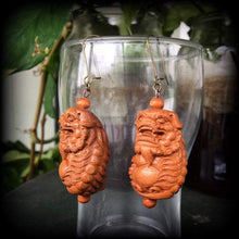 Load image into Gallery viewer, Foo Dog earrings, Wood earrings, Chinese Lion ear weights, Carved Wood earrings, Organic earrings, Chinese New Year Zodiac, Tunnel earrings