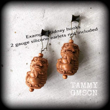 Load image into Gallery viewer, Foo Dog earrings, Wood earrings, Chinese Lion ear weights, Carved Wood earrings, Organic earrings, Chinese New Year Zodiac, Tunnel earrings