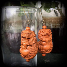 Load image into Gallery viewer, Foo Dog earrings, Wood earrings, Chinese Lion ear weights, Carved Wood earrings, Organic earrings, Chinese New Year Zodiac, Tunnel earrings