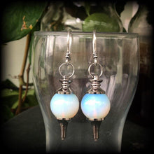Load image into Gallery viewer, Moonstone earrings Opalite earrings Crystal earrings Tunnel earrings Plug earrings Witchy boho earrings Dangle earring Statement earrings