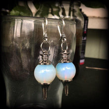 Load image into Gallery viewer, Moonstone earrings Opalite earrings Crystal earrings Tunnel earrings Plug earrings Witchy boho earrings Dangle earring Statement earrings