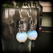 Load image into Gallery viewer, Moonstone earrings Opalite earrings Crystal earrings Tunnel earrings Plug earrings Witchy boho earrings Dangle earring Statement earrings
