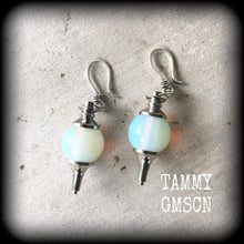 Load image into Gallery viewer, Moonstone earrings Opalite earrings Crystal earrings Tunnel earrings Plug earrings Witchy boho earrings Dangle earring Statement earrings