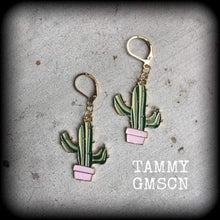 Load image into Gallery viewer, Cactus earrings Succulent earrings Plant jewelry Vegan earrings Cactus jewelry Dangle earrings Vegetarian jewelry Desert jewelry Gauges