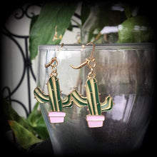 Load image into Gallery viewer, Cactus earrings Succulent earrings Plant jewelry Vegan earrings Cactus jewelry Dangle earrings Vegetarian jewelry Desert jewelry Gauges
