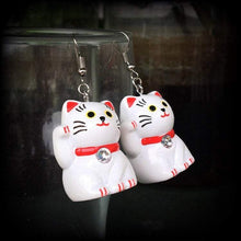 Load image into Gallery viewer, Cat earrings Maneki Neko Earrings Happy Cat earrings Japanese earrings Beckoning Cat Plug earrings Tunnel earrings Crazy cat lady jewelry