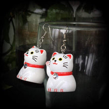 Load image into Gallery viewer, Cat earrings Maneki Neko Earrings Happy Cat earrings Japanese earrings Beckoning Cat Plug earrings Tunnel earrings Crazy cat lady jewelry