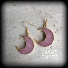 Load image into Gallery viewer, Crescent moon earrings Moon earrings Pink Druzy earrings Quartz earrings Tunnel earrings Plug earrings Moon jewelry Druzy jewelry Gauge