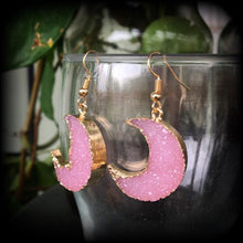 Load image into Gallery viewer, Crescent moon earrings Moon earrings Pink Druzy earrings Quartz earrings Tunnel earrings Plug earrings Moon jewelry Druzy jewelry Gauge